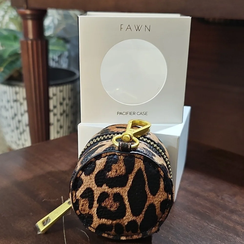 NEW Fawn Design Pacifier Case Leopard Print Faux Leather Holder Hook Zip - Picture 1 of 8